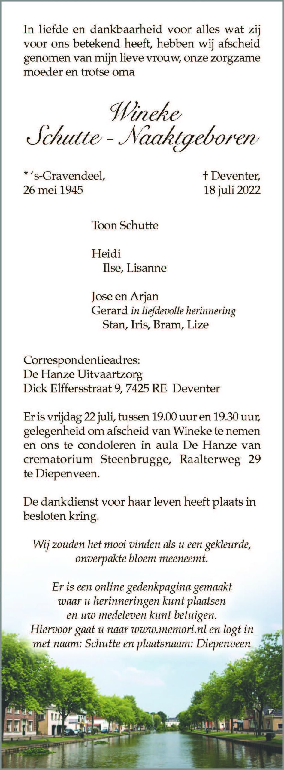 Rouwadvertentie Wineke Schutte